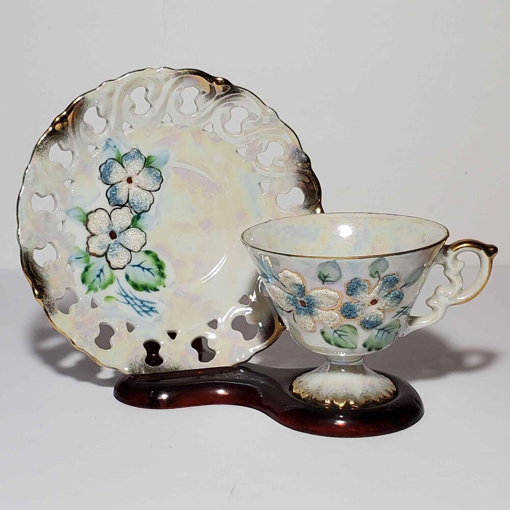 EFCCO Teacup and Saucer Blue White Textured Flowers Reticulated Opalescent